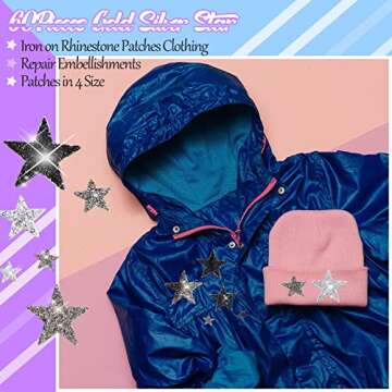 Geosar 60 Pcs Iron on Star Patches Star Shaped Rhinestone Appliques Adhesive Glitter Patches Rhinestone Appliques Embellishments Patches for DIY(Black, Gray)