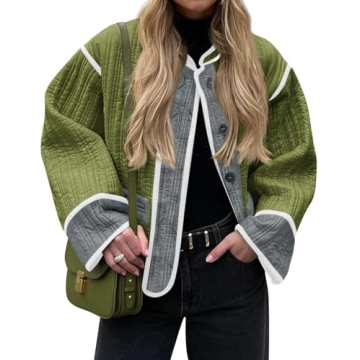Tankaneo Womens Cropped Quilted Jacket Color Block Lightweight Button Down Coats Fall Casual Puffer ...