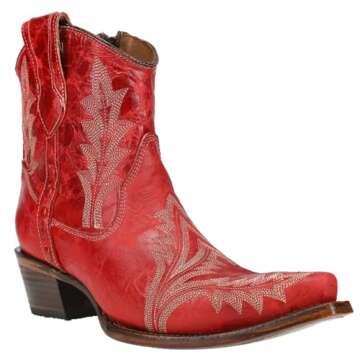 Corral Boots Womens Embroidered Snip Toe Casual Boots Ankle Low Heel 1-2" - Red - Size 7 M