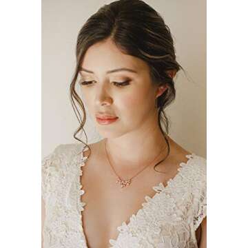 SWEETV Rose Gold Cubic Zirconia Wedding Bridal Necklace Pendant for Brides, Crystal Dainty Chain Nec...