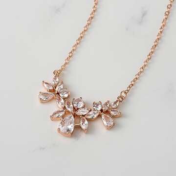 SWEETV Rose Gold Cubic Zirconia Wedding Bridal Necklace Pendant for Brides, Crystal Dainty Chain Necklace for Women, Prom Jewelry Gifts