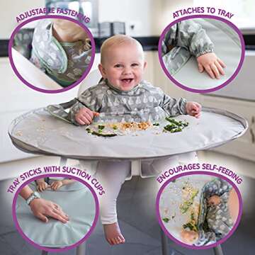 Coverall Food Catcher bib with Sleeves attaches to highchair Tray - Tidy Tot Bib & Tray Kit. Baby Weaning Bib Ideal for Baby led weaning and Messy Play (Sage Green)