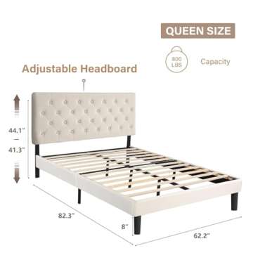 Catrimown Queen Size Upholstered Bed Frame with Button-Tufted Headboard, Linen Platform Bed with Woo...