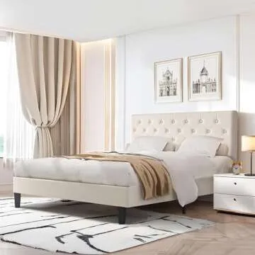 Catrimown Queen Size Upholstered Bed Frame with Button-Tufted Headboard, Linen Platform Bed with Wooden Slat Support, Mattress Foundation, Noise-Free Design, Easy Assembly - Beige