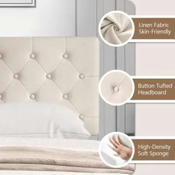 Catrimown Queen Size Upholstered Bed Frame with Button-Tufted Headboard, Linen Platform Bed with Wooden Slat Support, Mattress Foundation, Noise-Free Design, Easy Assembly - Beige
