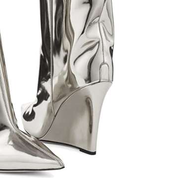 Arqa Liquid Metallic Knee High Boots Pointed Toe Shiny Chrome Wedge Heel Silver Boot Pull-on Tall Boots