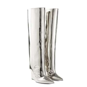 Arqa Liquid Metallic Knee High Boots Pointed Toe Shiny Chrome Wedge Heel Silver Boot Pull-on Tall Boots