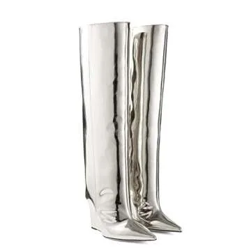 Arqa Liquid Metallic Knee High Boots Pointed Toe Shiny Chrome Wedge Heel Silver Boot Pull-on Tall Boots
