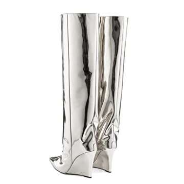 Arqa Liquid Metallic Knee High Boots Pointed Toe Shiny Chrome Wedge Heel Silver Boot Pull-on Tall Boots