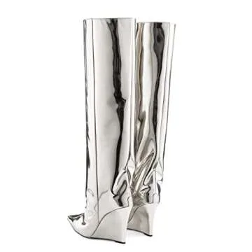 Arqa Liquid Metallic Knee High Boots Pointed Toe Shiny Chrome Wedge Heel Silver Boot Pull-on Tall Boots