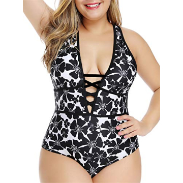 Plus Size Floral One Piece Swimsuit Plunge Neckline
