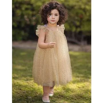 AGQT Toddler Girls Tulle Tutu Dress Flutter Sleeve Layered Summer Babydoll Birthday Tea Party Gowns Baptism Christening Pageant Sundress Gold Apricot-Sequin Dot Size 12-24 Months