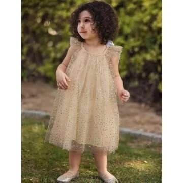 AGQT Toddler Girls Tulle Tutu Dress Flutter Sleeve Layered Summer Babydoll Birthday Tea Party Gowns Baptism Christening Pageant Sundress Gold Apricot-Sequin Dot Size 12-24 Months