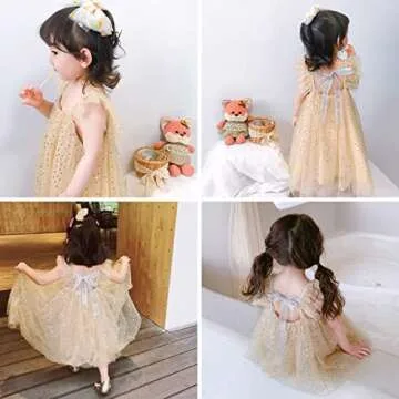AGQT Toddler Girls Tulle Tutu Dress Flutter Sleeve Layered Summer Babydoll Birthday Tea Party Gowns Baptism Christening Pageant Sundress Gold Apricot-Sequin Dot Size 12-24 Months