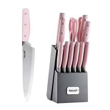 hecef Pink Combo, 14 Pieces Kitchen Knife Block Set with Wooden Block Pink, 32 PCS Silicone Cooking ...