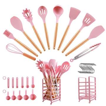hecef Pink Combo, 14 Pieces Kitchen Knife Block Set with Wooden Block Pink, 32 PCS Silicone Cooking Utensils Set Pink