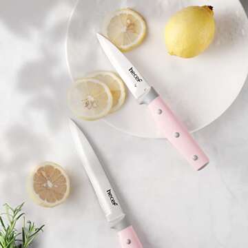 hecef Pink Combo, 14 Pieces Kitchen Knife Block Set with Wooden Block Pink, 32 PCS Silicone Cooking Utensils Set Pink