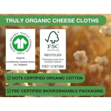 Reusable Organic Cheese Cloths - GOTS Certified Fine Mesh Fabric for Cooking, Straining and Crafts