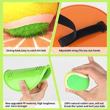 PULEEBO Toss and Catch Ball Game Set - Fruit Design Catch Game for Kids Adults Beach Yard Lawn Outdoor Indoor 6 Sticky Paddles 3 Balls and 1 Storage Bag