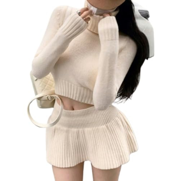 KEYjey Women's Yellow Pullover Lightweight High Neck Crop Sweater & Ribbed Knit Skirt