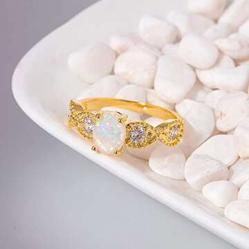 CiNily Gold Opal Ring- Yellow Gold Plated Women Jewelry Gemstone Engagement Anniversary Ring Size 9