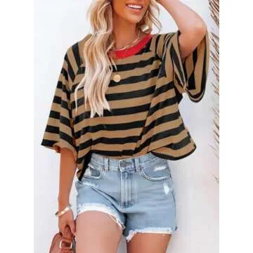 Dokotoo Summer Womens Tops for Women Cute Crop Tops 2025 Spring Striped Short Sleeve Shirts Women's ...