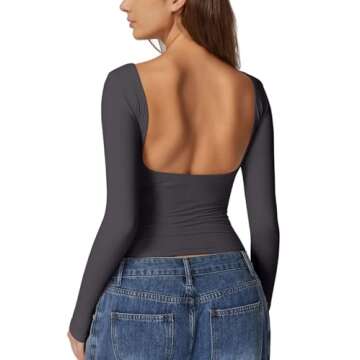 QINSEN 2024 Open Back Crop Tops for Women Long Sleeve Boat Neck T Shirts Double Lined Fitted Going Out Tops Dark Grey S