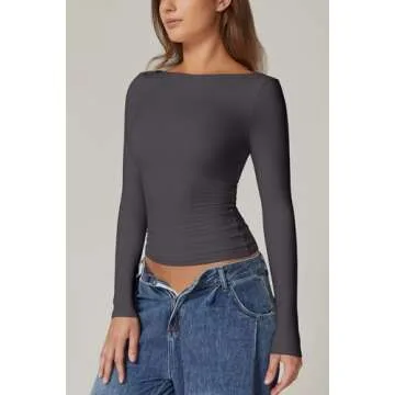 QINSEN 2024 Open Back Crop Tops for Women Long Sleeve Boat Neck T Shirts Double Lined Fitted Going Out Tops Dark Grey S