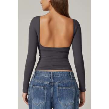QINSEN 2024 Open Back Crop Tops for Women Long Sleeve Boat Neck T Shirts Double Lined Fitted Going Out Tops Dark Grey S