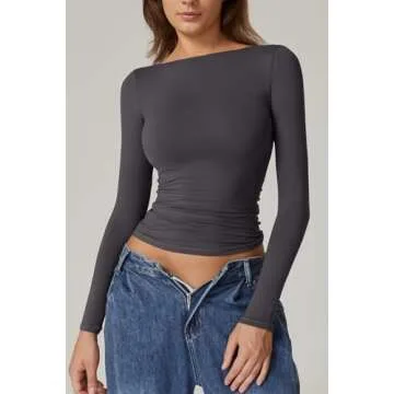 QINSEN 2024 Open Back Crop Tops for Women Long Sleeve Boat Neck T Shirts Double Lined Fitted Going Out Tops Dark Grey S