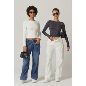 QINSEN 2024 Open Back Crop Tops for Women Long Sleeve Boat Neck T Shirts Double Lined Fitted Going Out Tops Dark Grey S