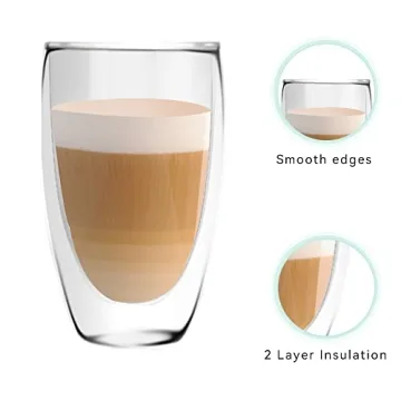 D.M DESIGN·MASTER [2 PACK,12 OZ -Premium Double Wall Insulated Glass, Coffee or Tea Glass Mugs, Thermo Insulated Glass, Perfect for Latte, Cappuccino, Americano, Tea and Beverage