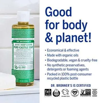 Dr. Bronner's - Pure-Castile Liquid Soap (Almond, 8 ounce) - Made with Organic Oils, 18-in-1 Uses: Face, Body, Hair, Laundry, Pets and Dishes, Concentrated, Vegan, Non-GMO