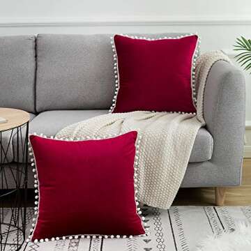 WLNUI Valentines Pillow Covers 18x18 Inch Set of 2 Soft Velvet Burgundy Throw Pillow Covers Square Decorative Cute Pom Poms Cushion Case for Sofa Couch Home Farmhouse Decor