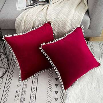 WLNUI Valentines Pillow Covers 18x18 Inch Set of 2 Soft Velvet Burgundy Throw Pillow Covers Square Decorative Cute Pom Poms Cushion Case for Sofa Couch Home Farmhouse Decor