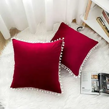 WLNUI Valentines Pillow Covers 18x18 Inch Set of 2 Soft Velvet Burgundy Throw Pillow Covers Square Decorative Cute Pom Poms Cushion Case for Sofa Couch Home Farmhouse Decor
