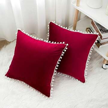 WLNUI Valentines Pillow Covers 18x18 Inch Set of 2 Soft Velvet Burgundy Throw Pillow Covers Square Decorative Cute Pom Poms Cushion Case for Sofa Couch Home Farmhouse Decor