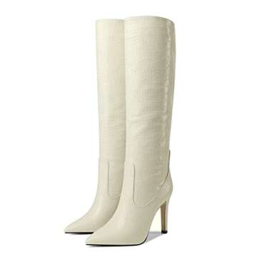 LEMUTISME Women's Classic Pointed Toe Crocodile Pattern Stitchcraft Slouchy Wide Calf Slip On Elegant Stiletto High Heel Knee High Boots Beige Size 7.5