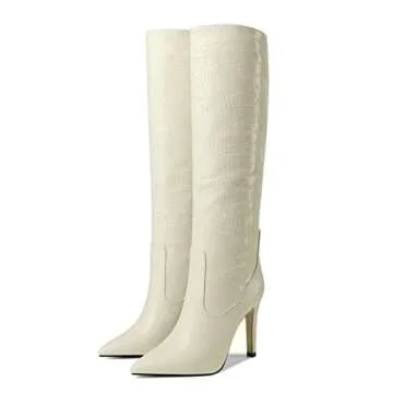 LEMUTISME Women's Classic Pointed Toe Crocodile Pattern Stitchcraft Slouchy Wide Calf Slip On Elegant Stiletto High Heel Knee High Boots Beige Size 7.5