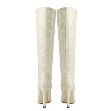 LEMUTISME Women's Classic Pointed Toe Crocodile Pattern Stitchcraft Slouchy Wide Calf Slip On Elegant Stiletto High Heel Knee High Boots Beige Size 7.5