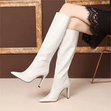 LEMUTISME Women's Classic Pointed Toe Crocodile Pattern Stitchcraft Slouchy Wide Calf Slip On Elegant Stiletto High Heel Knee High Boots Beige Size 7.5