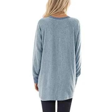 GADEWAKE Womens Casual Color Block Long Sleeve Round Neck Pocket T Shirts Blouses Sweatshirts Tops Gray Blue