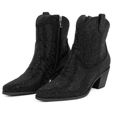 MISSMILLER Women’s Rhinestone Cowboy Boots Mid Calf Pointed Toe Sparkly Block Heel Cowgirl Boots with Pull On Tabs