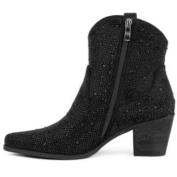 MISSMILLER Women’s Rhinestone Cowboy Boots Mid Calf Pointed Toe Sparkly Block Heel Cowgirl Boots with Pull On Tabs