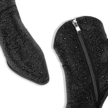 MISSMILLER Women’s Rhinestone Cowboy Boots Mid Calf Pointed Toe Sparkly Block Heel Cowgirl Boots with Pull On Tabs