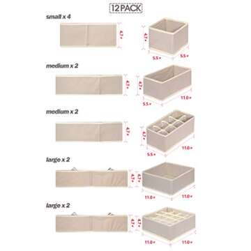 TENABORT 12 Pack Foldable Drawer Organizer Dividers Cloth Storage Box Closet Dresser Organizer Cube Fabric Containers Basket Bins for Underwear Bras Socks Panties Lingeries Nursery Baby Clothes Beige