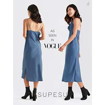 SUPESU Women's Satin Midi Slip Dress - Silky Cowl Neck Dress with Adjustable Spaghetti Straps, Elegant Satin Slip Dress for Women, Cocktail Party & Casual Wear - Willow Blue, L