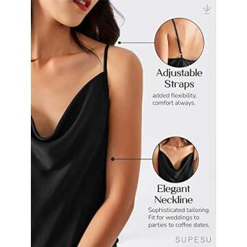 SUPESU Women's Satin Midi Slip Dress - Silky Cowl Neck Dress with Adjustable Spaghetti Straps, Elegant Satin Slip Dress for Women, Cocktail Party & Casual Wear - Willow Blue, L