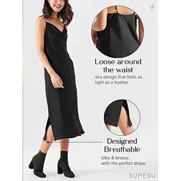 SUPESU Women's Satin Midi Slip Dress - Silky Cowl Neck Dress with Adjustable Spaghetti Straps, Elegant Satin Slip Dress for Women, Cocktail Party & Casual Wear - Willow Blue, L