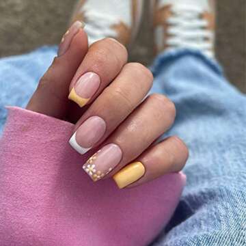 KXAMELIE Glossy Yellow Nude Press On Nails - Short Square with Floral Design